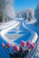 bunch of pink roses sitting on top of a snow covered ground. . photo