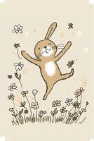 drawing of a rabbit in a field of flowers. . photo