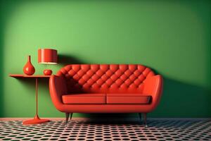 Retro Room interior green sofa red wall retro pattern. photo
