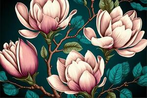 Seamless pattern with hand drawn magnolia flowers. photo