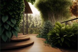 Wooden terrace surrounded by greenery. photo