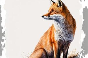 Watercolor Wild Animal Red Fox Looking Up Side View. photo