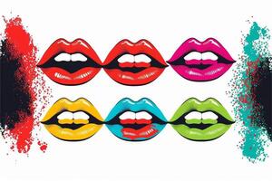 pop  art  Female  lips  lipstick  kiss  print  set  on  white. Generative Ai photo
