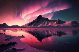 Polar landscape with a pink aurora borealis. photo