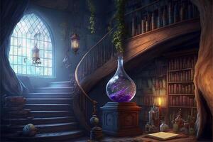 wizards school room magical books floating. photo