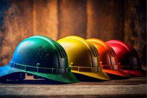 Multicolored Safety Construction Worker Hats in a row. photo