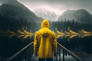 view from behind Young adult male wearing yellow. photo