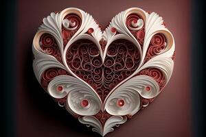 paper quilling heart red and white white background. photo