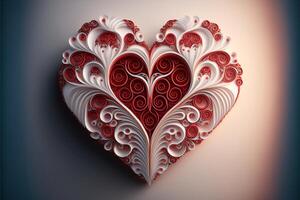 paper quilling heart red and white white background. photo