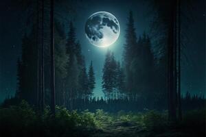 bosque con salida de la luna Entre el arboles noche cielo Luna. generativo ai foto