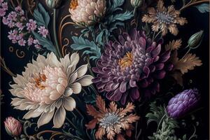 hand Painted flowers as a lush pattern oil painted Photo. photo