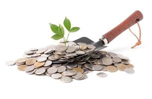 plant growing out of silver coins on gardening trowel isolated photo