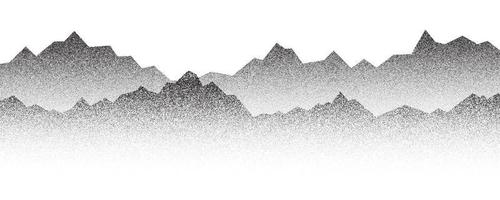 Dotted mountain gradient background. Noisy stippled grainy texture. Abstract rocks landscape with peaks with sand effect. Vector halftone fade illustration