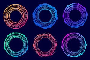 HUD futuristic elements. Abstract optical neon aim. Circle geometric shapes for virtual interface and games. Camera viewfinder for sniper weapon. Vector set