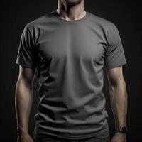 blank grey tshirt mockup,close up grey t-shirt on dark background , photo