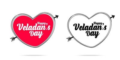 Vector illustration of Happy Valentine's Day hand lettering text set. calligraphic text with red heart pierced by arrow isolated on white background. Valentine's Day Holiday Typography.