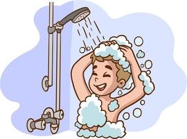 cute boy taking a bath.Little child boy character take a shower. Daily routine. Bathroom interior background. Vector cartoon illustration.