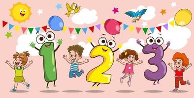 vector illustration of kids learning math with colorful numbers.Concept Of Multi Colored Numbers.