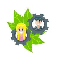 Teamwork. Interaction between people. Gear with the heads of characters. Abstract social concept. Relationship between men and women. Flat cartoon vector