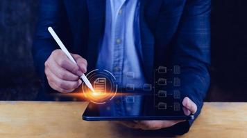 Document Management System DMS, Online documentation database and process automation to efficiently manage files, knowledge and documentation enterprise with ERP. Corporate business technology. photo