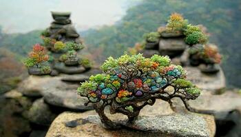 Attractive Japanese spiritual tree growing on mountain rocks in nature. photo