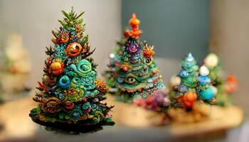 interior christmas. magic glowing tree, fireplace, gifts in dark. photo