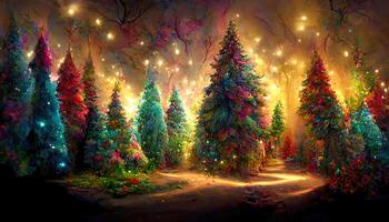 Scenery with abstract light bursts and glittering trees. photo