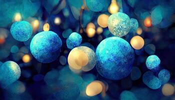 Golden bokeh particles on blue background, 3D rendering. photo