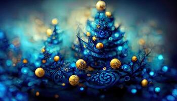 Golden bokeh particles on blue background, 3D rendering. photo
