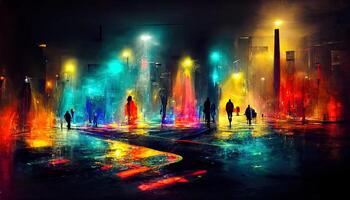 antecedentes vacío calle a noche. mojado asfalto, reflexión de neón multicolor ligero. niebla, fumar. generativo ai foto