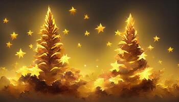 Golden Christmas tree isolated on stars sky background. photo