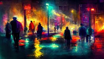 Empty background scene. Dark street reflection on the wet pavement. Rays neon light in the dark, neon figures, smoke. Night view of the street, the city. photo