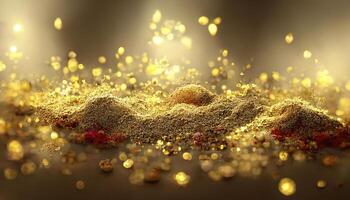 Abstract elegant, detailed gold glitter particles flow with shallow depth of field underwater. Holiday magic shimmering luxury background. Festive sparkles and lights photo