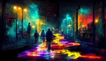 Empty background scene. Dark street reflection on the wet pavement. Rays neon light in the dark, neon figures, smoke. Night view of the street, the city. photo