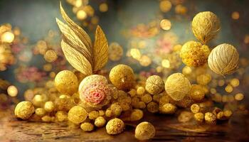 Abstract luxury swirling gold background with gold particle. Christmas Golden light shine particles bokeh on dark background. photo