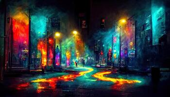 Background empty street at night. Wet asphalt, reflection of neon multi-colored light. Fog, smoke. photo