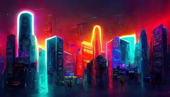 Glowing neon light synthwave cityscape background. photo