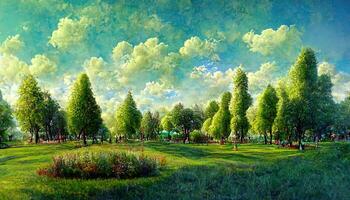 Green meadow in the park with trees and sky in summer. photo