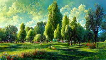 Green meadow in the park with trees and sky in summer. photo