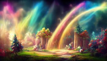 fantasía bosque con arcoíris. fantasía escenario. generativo ai foto