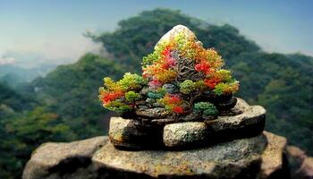 atractivo japonés espiritual árbol creciente en montaña rocas en naturaleza. generativo ai foto