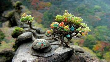 excelente japonés espiritual árbol creciente en montaña rocas en naturaleza. generativo ai foto