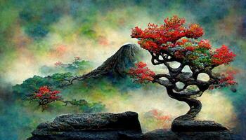 Excellent Japanese spiritual tree growing on mountain rocks in nature. photo