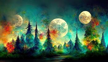 Surprising Abstract fairy tale forest landscape background with full moon. photo