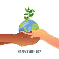 Happy earth day in hands holding globe concept design vector