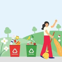 Vector Illustration of woman do waste sorting. garbage, rubsih sorting. people putting rubish in trash bins. trash container classifiation. Save the earth concept design