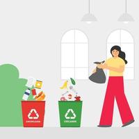 Vector Illustration of woman do waste sorting. garbage, rubsih sorting. people putting rubish in trash bins. trash container classifiation. Save the earth concept design