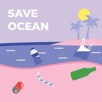 Vector save ocean concept flat illustration with plastic waste pollution on the beach