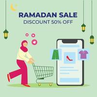 ramadan sale discount poster vector illustration. hijab woman pushing shopping cart. e commece promo banner background concept.