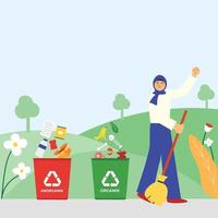 Vector Illustration of woman do waste sorting. garbage, rubsih sorting. people putting rubish in trash bins. trash container classifiation. Save the earth concept design